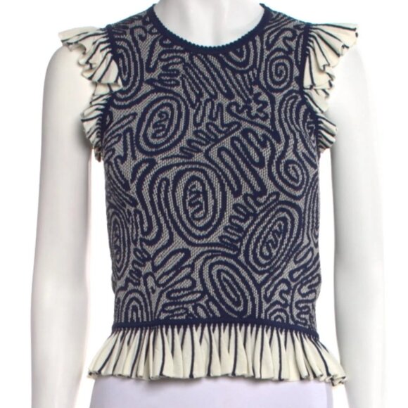 NWOT ULLA JOHNSON Emmeline Ruffled Crewneck Jacquard Knit Top in Ink P $390 - Picture 11 of 12